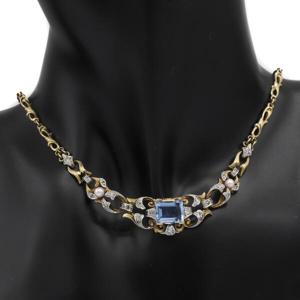 Collier Kette mit Blautopas Perlen und Diamanten antik in 14 Kt