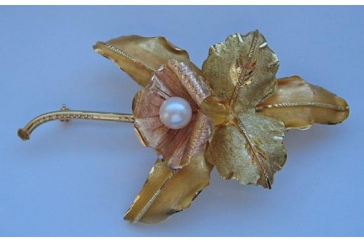 Ansteck Nadel Brosche mit Perle aus 18 Kt. 750 er Gold Blume Perlen