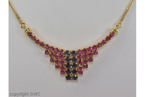 Hals Kette Collier mit Rubine Rubin Safir Saphir in 14 Kt 585 Gold 51 cm 