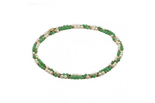 Halskette Collier mit Perlen und Chrysopraskugeln in 18 kt 750 Gelbgold L.108 cm