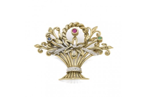 Brosche Nadel mit Safir und Diamanten in 14 Kt. 585 Gelbgold brooch