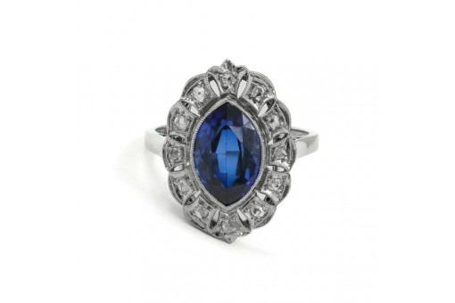 Ring mit Safir Saphir und 12 Diamantrosen in 14 Kt. 585 Gold antik 55 edel!