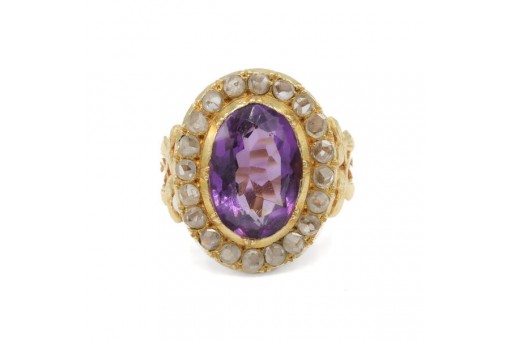 Ring mit Amethyst und 20 Diamantrosen in 18 Kt. 750 Gold antik Gr. 57